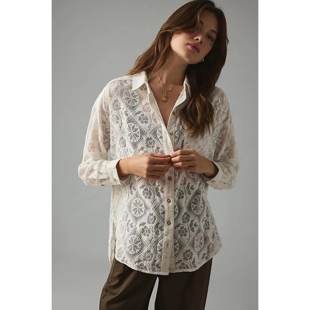 Pilcro Lace Blouse Women Size M White Button Front Geometric Floral Boho Top